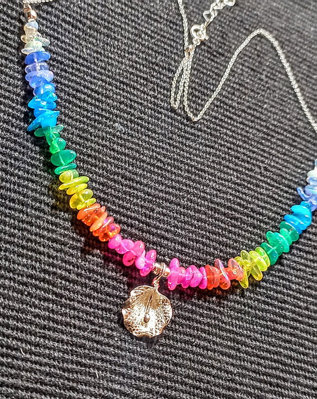 Colier argint opal de foc etiopian curcubeu multicolor rainbow charm floare lant argint minimalist boho chic trendy - Transport gratuit
