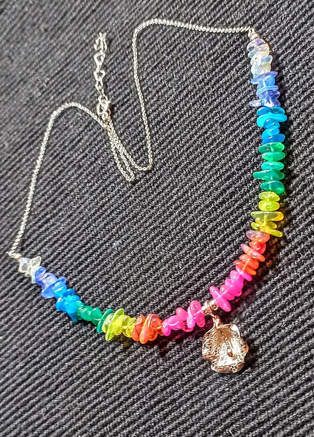 Colier argint opal de foc etiopian curcubeu multicolor rainbow charm floare lant argint minimalist boho chic trendy - Transport gratuit
