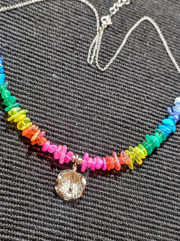Colier argint opal de foc etiopian curcubeu multicolor rainbow charm floare lant argint minimalist boho chic trendy - Transport gratuit