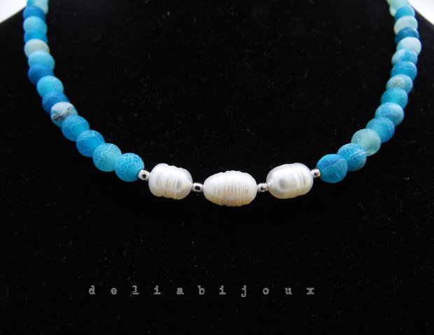 Colier handmade - agate frozen si perle cultura (cod1245)