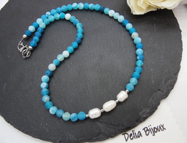 Colier handmade - agate frozen si perle cultura (cod1245)