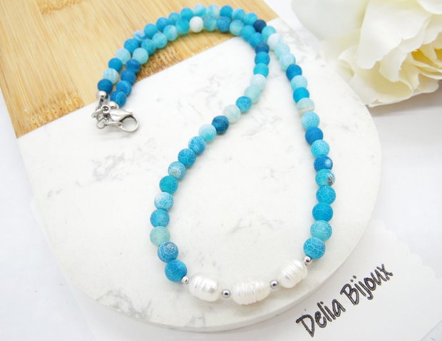 Colier handmade - agate frozen si perle cultura (cod1245)