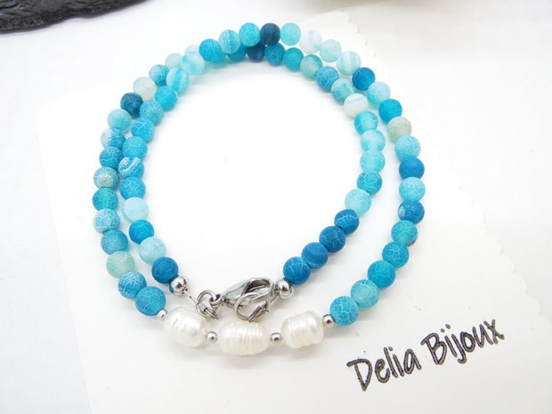 Colier handmade - agate frozen si perle cultura (cod1245)