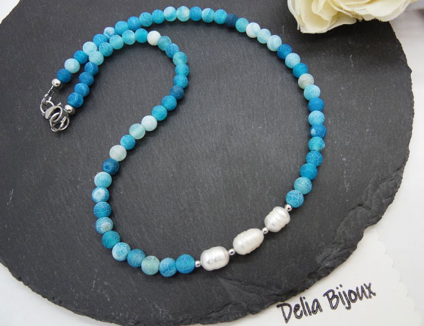 Colier handmade - agate frozen si perle cultura (cod1245)
