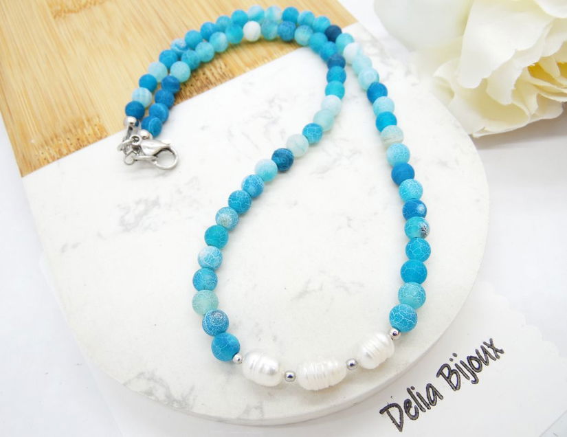 Colier handmade - agate frozen si perle cultura (cod1245)