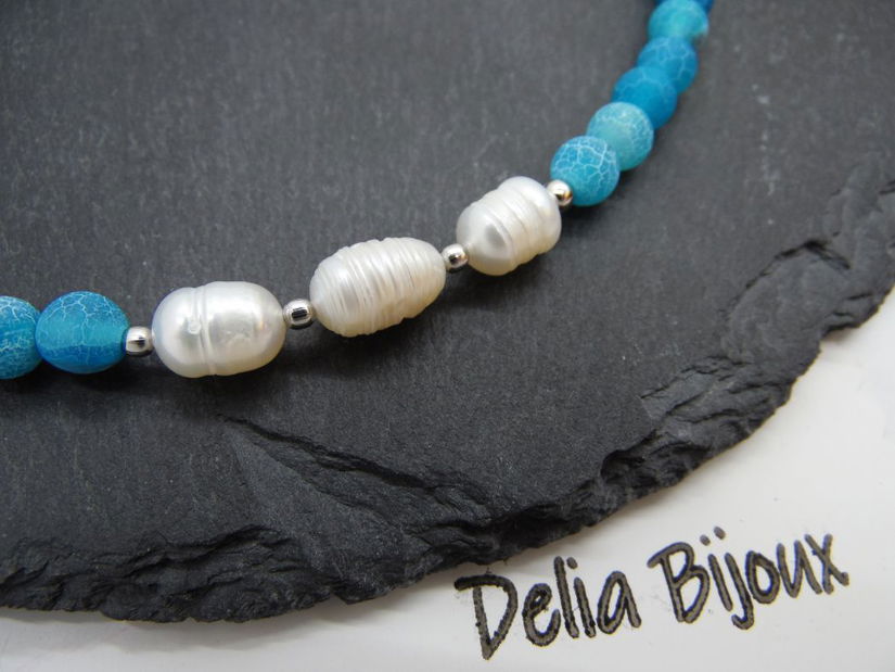 Colier handmade - agate frozen si perle cultura (cod1245)