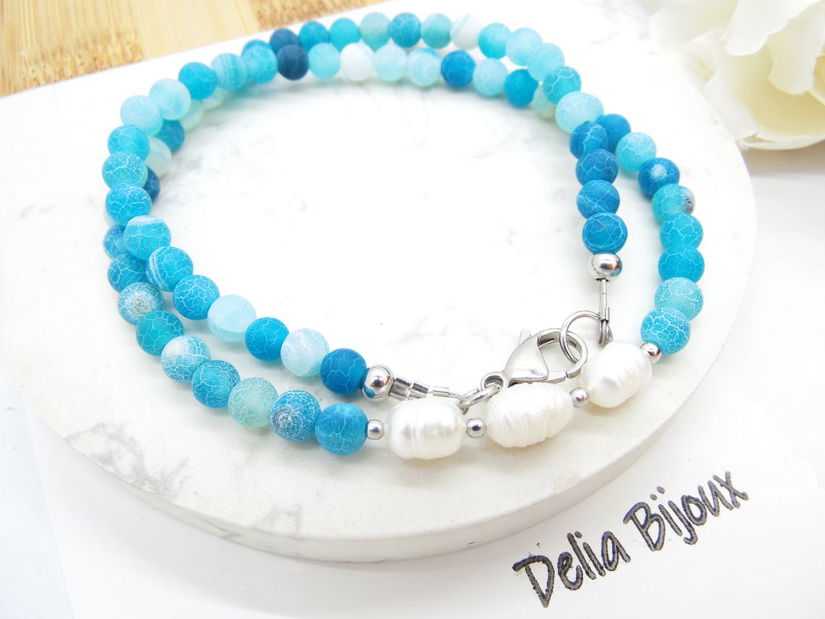 Colier handmade - agate frozen si perle cultura (cod1245)