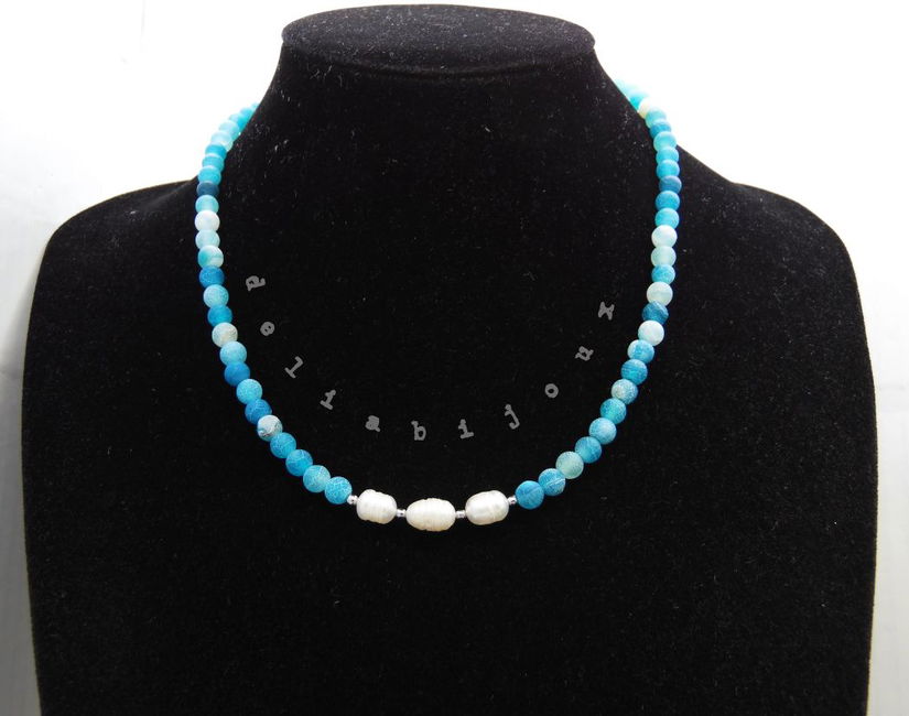 Colier handmade - agate frozen si perle cultura (cod1245)