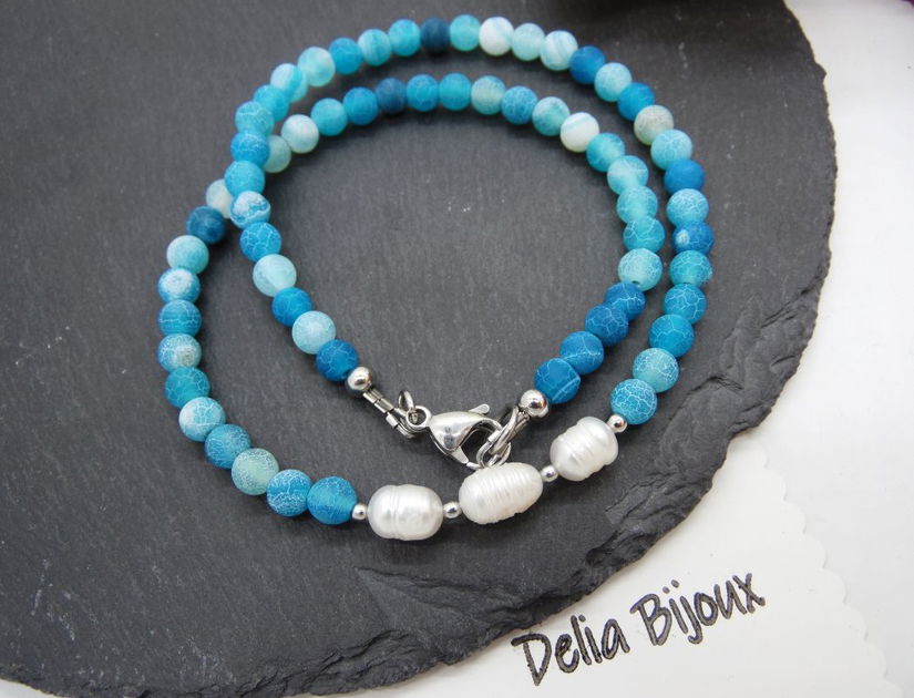Colier handmade - agate frozen si perle cultura (cod1245)