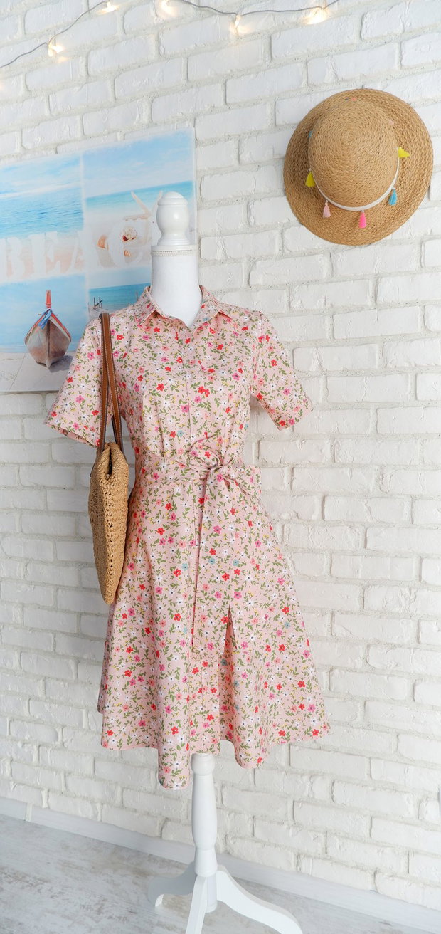 Rochie Camasa Maneca Scurta Roz cu Flori Colorate