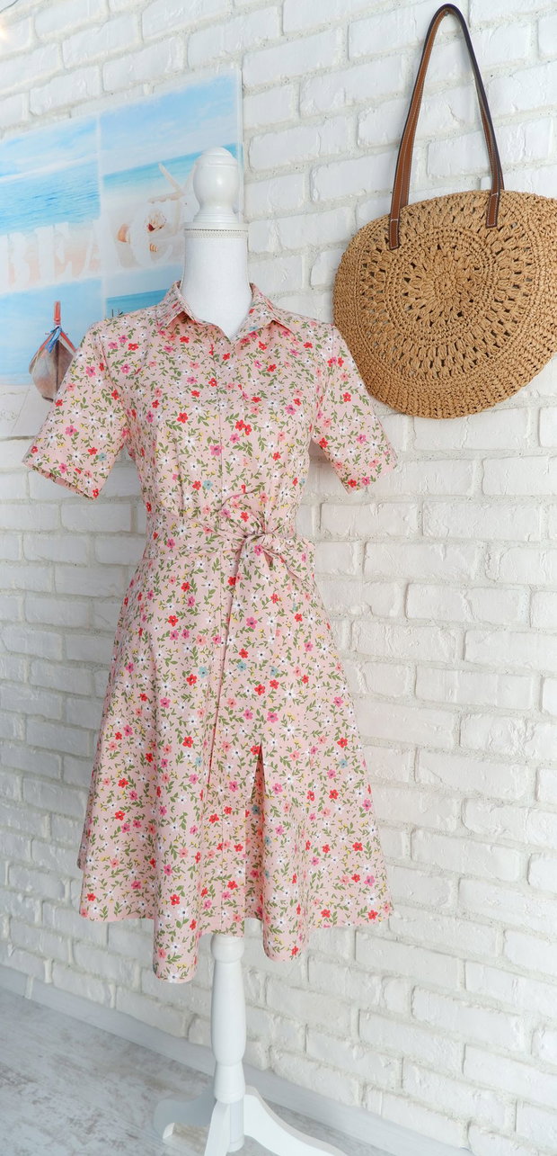 Rochie Camasa Maneca Scurta Roz cu Flori Colorate