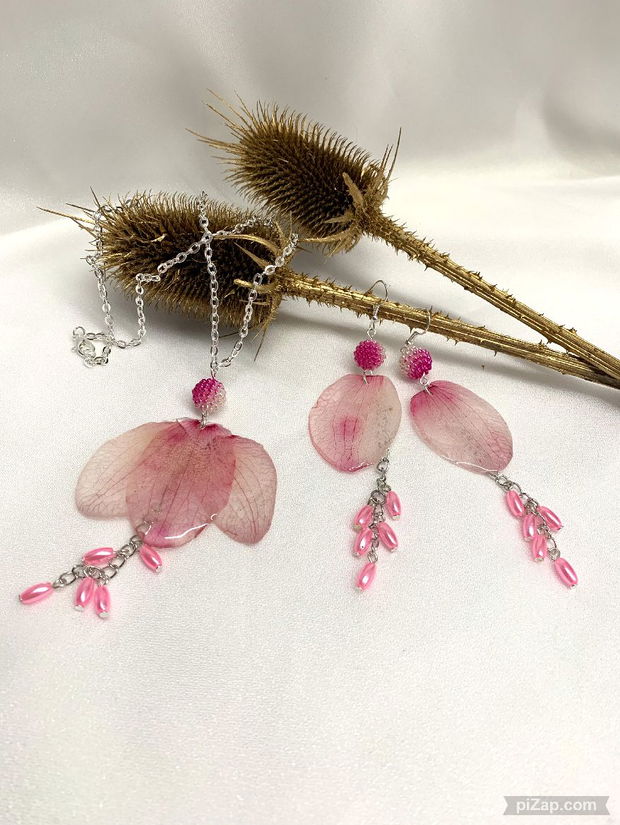 set bijuterii handmade unicat din rasina si flori naturale 00569