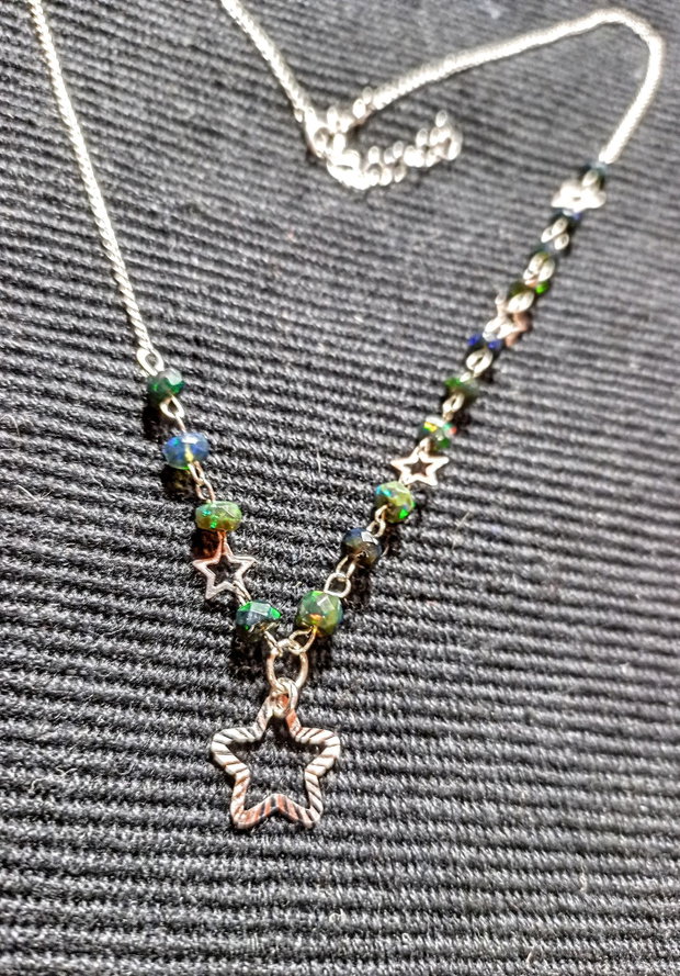 Colier argint opal de foc etiopian negru stele lant argint minimalist asimetric boho chic trendy