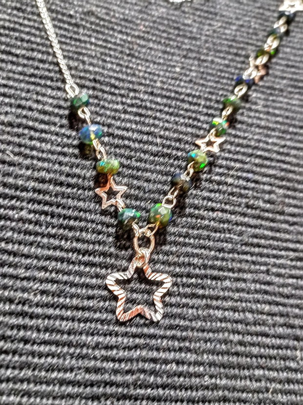 Colier argint opal de foc etiopian negru stele lant argint minimalist asimetric boho chic trendy