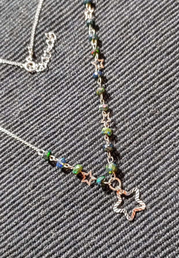 Colier argint opal de foc etiopian negru stele lant argint minimalist asimetric boho chic trendy
