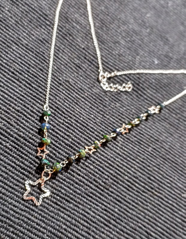 Colier argint opal de foc etiopian negru stele lant argint minimalist asimetric boho chic trendy