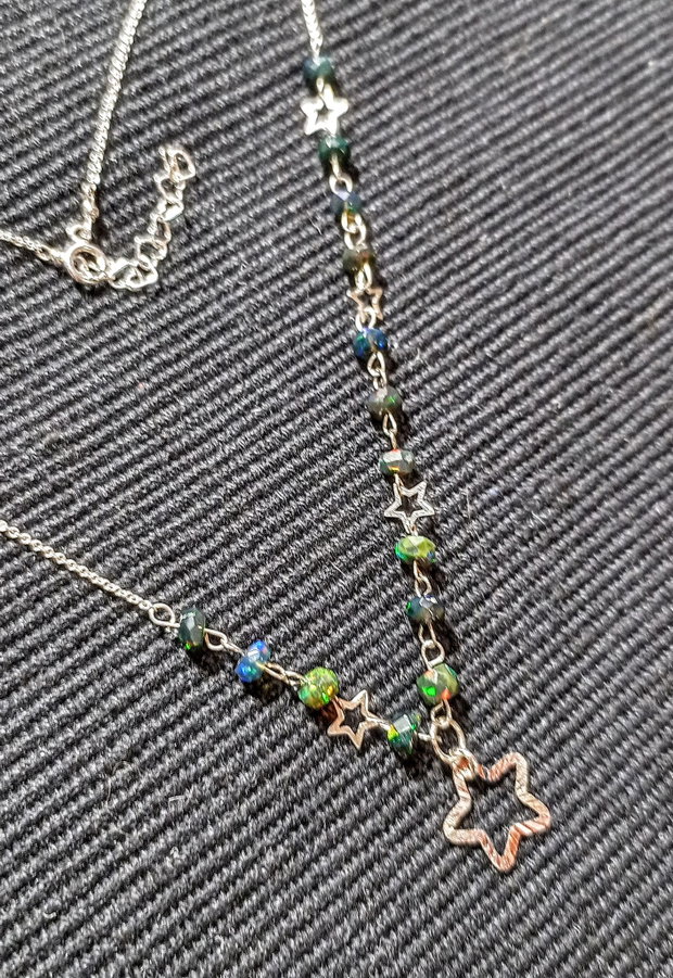 Colier argint opal de foc etiopian negru stele lant argint minimalist asimetric boho chic trendy