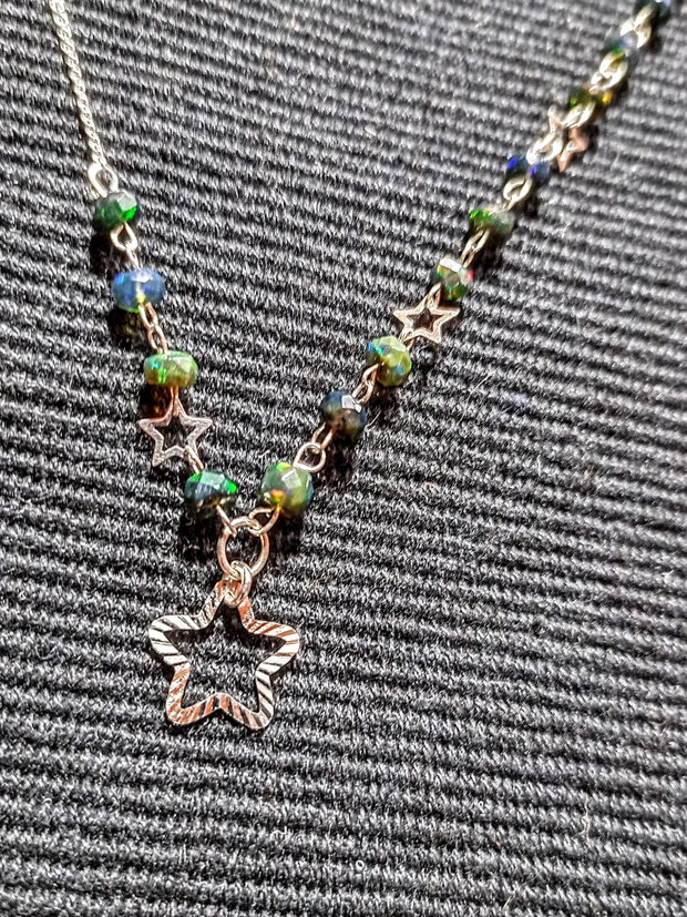 Colier argint opal de foc etiopian negru stele lant argint minimalist asimetric boho chic trendy