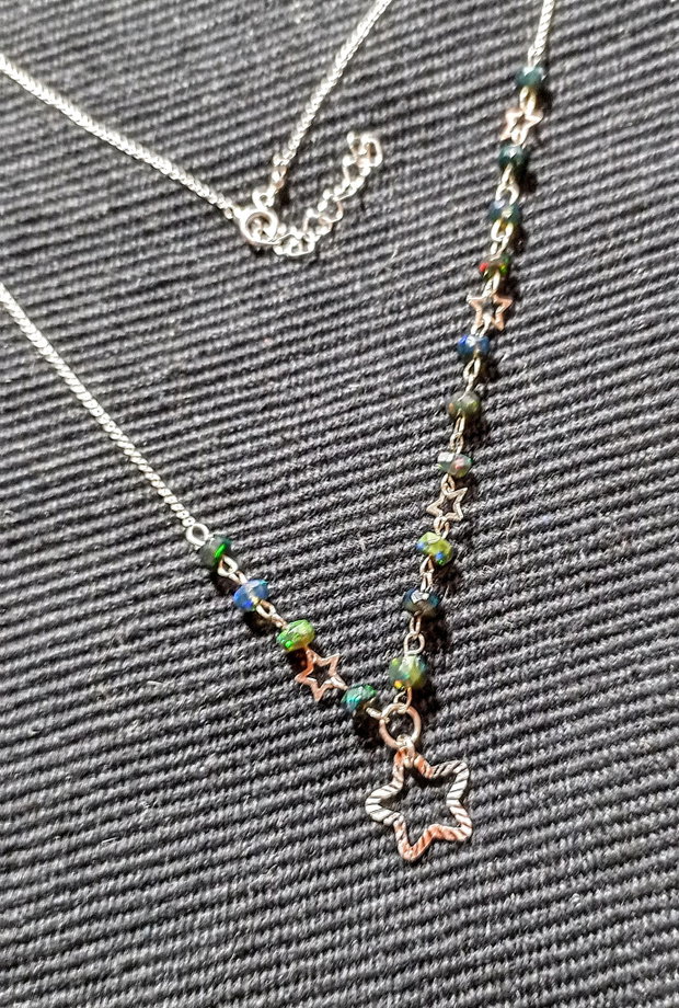 Colier argint opal de foc etiopian negru stele lant argint minimalist asimetric boho chic trendy