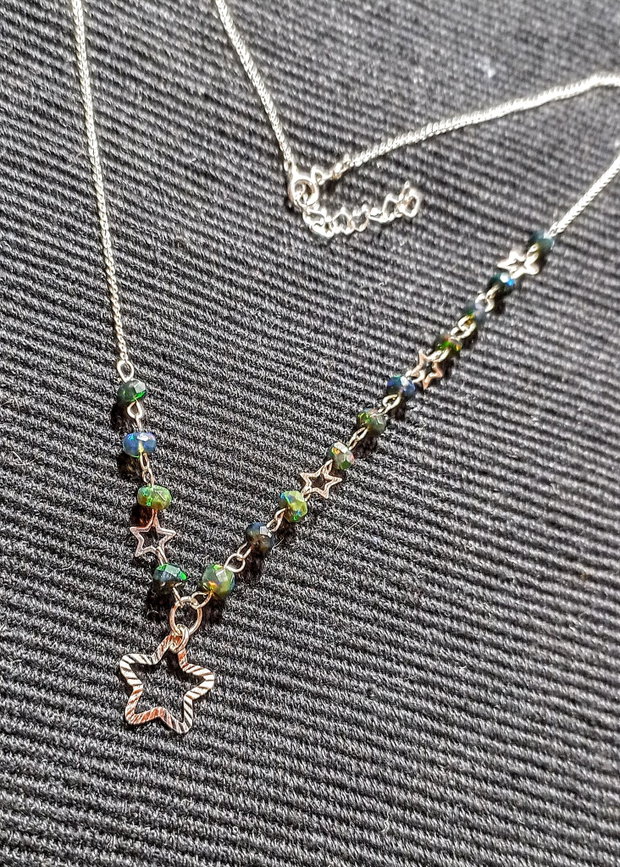 Colier argint opal de foc etiopian negru stele lant argint minimalist asimetric boho chic trendy