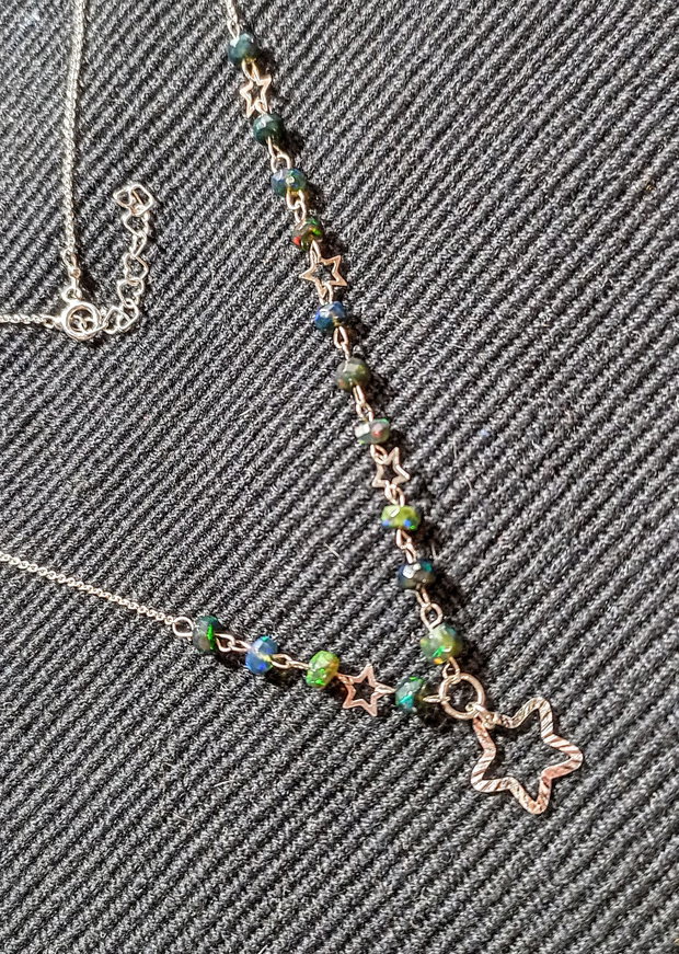 Colier argint opal de foc etiopian negru stele lant argint minimalist asimetric boho chic trendy