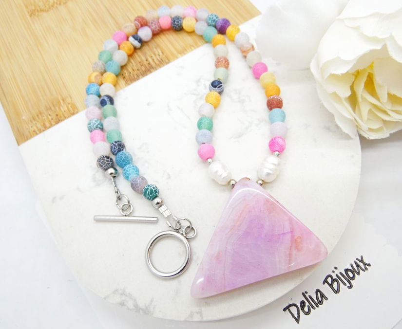 Colier handmade - agate frozen si perle cultura (cod1246)