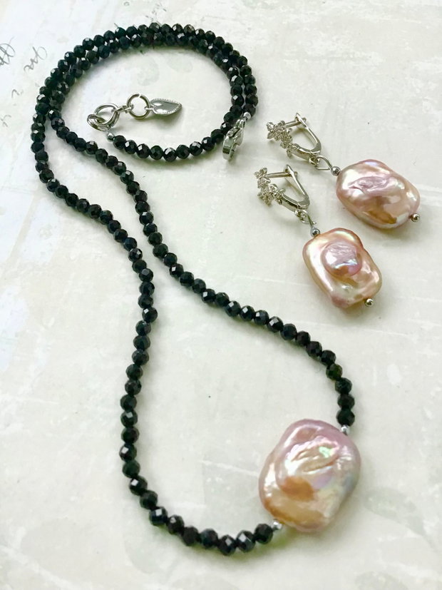Set Colier CHOKER Spinel & cercei perle baroc rose lila prafuit
