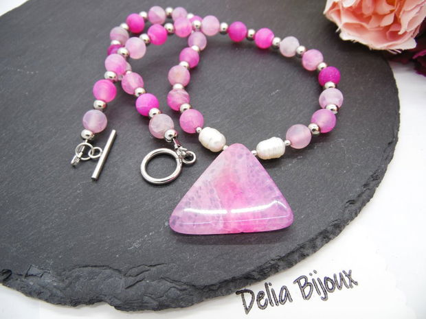 Colier handmade - agate frozen si perle cultura (cod1247)