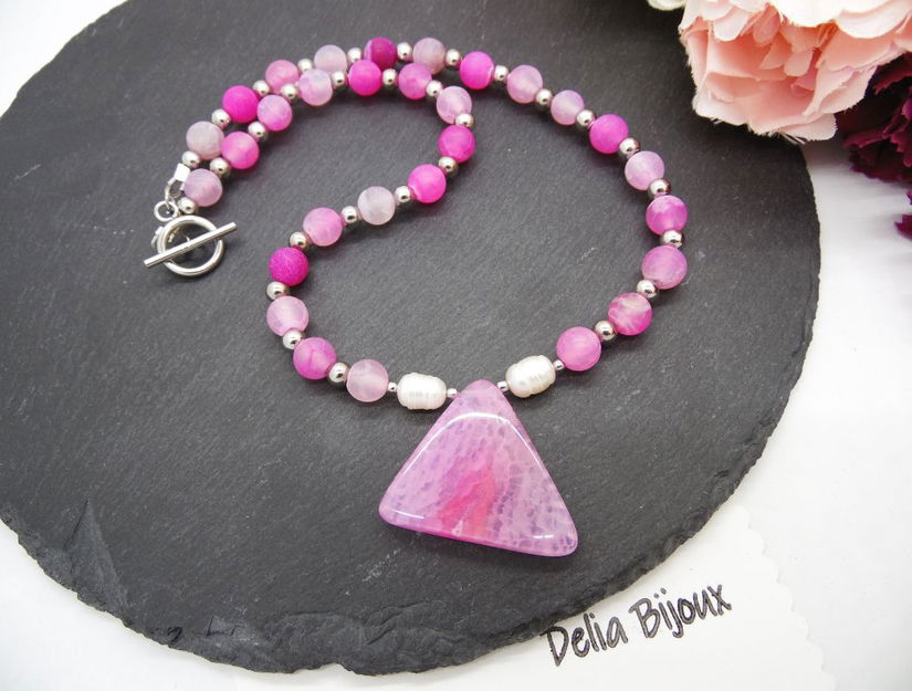 Colier handmade - agate frozen si perle cultura (cod1246)