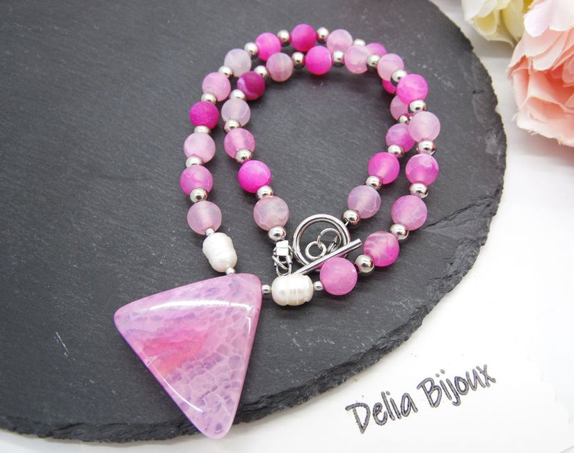 Colier handmade - agate frozen si perle cultura (cod1246)