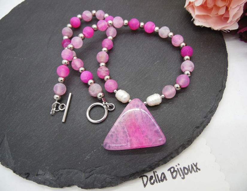 Colier handmade - agate frozen si perle cultura (cod1246)