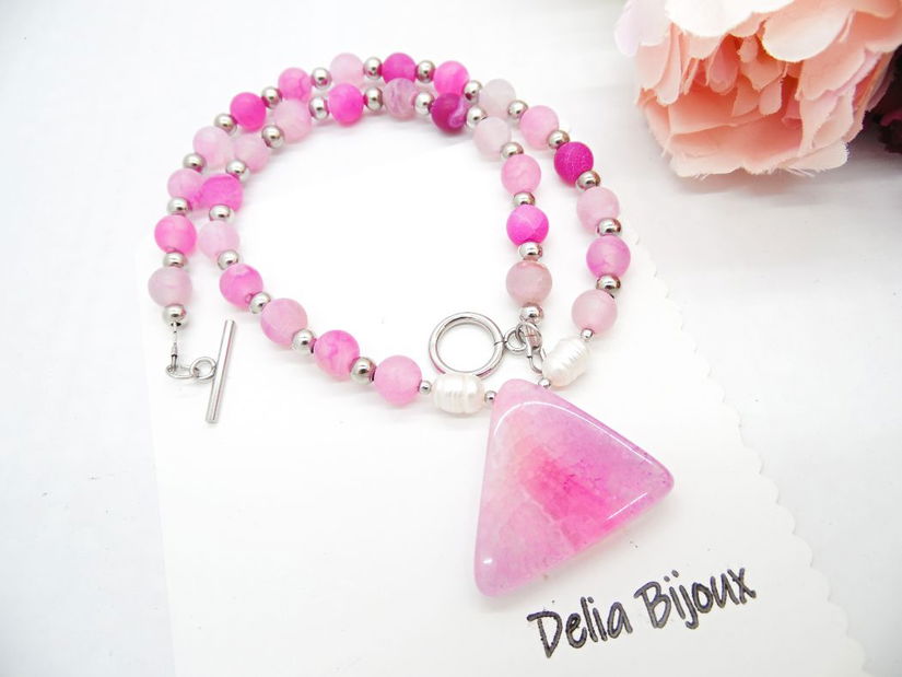 Colier handmade - agate frozen si perle cultura (cod1246)
