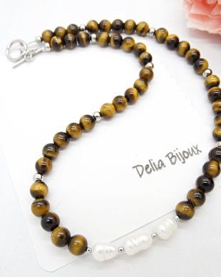 Colier handmade - ochi de tigru si perle cultura (cod1248)