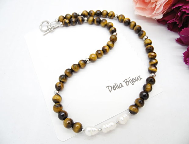 Colier handmade - ochi de tigru si perle cultura (cod1248)