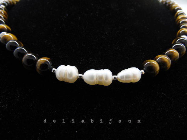 Colier handmade - ochi de tigru si perle cultura (cod1248)