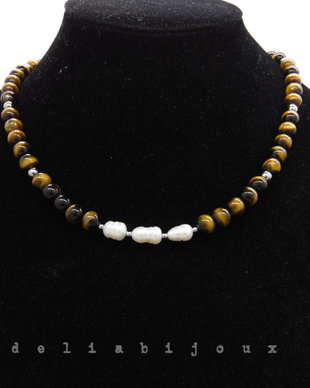 Colier handmade - ochi de tigru si perle cultura (cod1248)