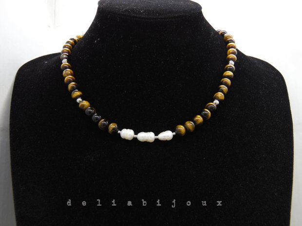 Colier handmade - ochi de tigru si perle cultura (cod1248)
