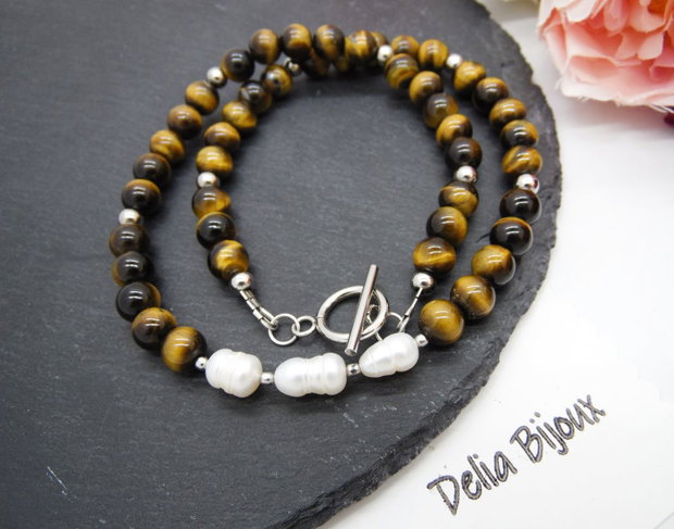 Colier handmade - ochi de tigru si perle cultura (cod1248)