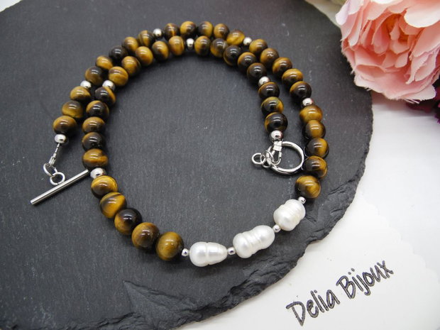 Colier handmade - ochi de tigru si perle cultura (cod1248)