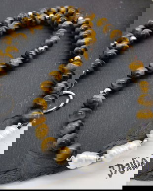 Colier handmade - ochi de tigru si perle cultura (cod1248)