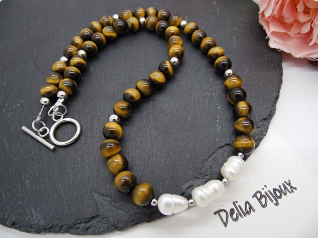 Colier handmade - ochi de tigru si perle cultura (cod1248)