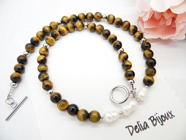 Colier handmade - ochi de tigru si perle cultura (cod1248)