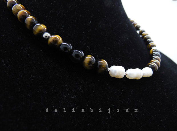 Colier handmade - ochi de tigru si perle cultura (cod1248)