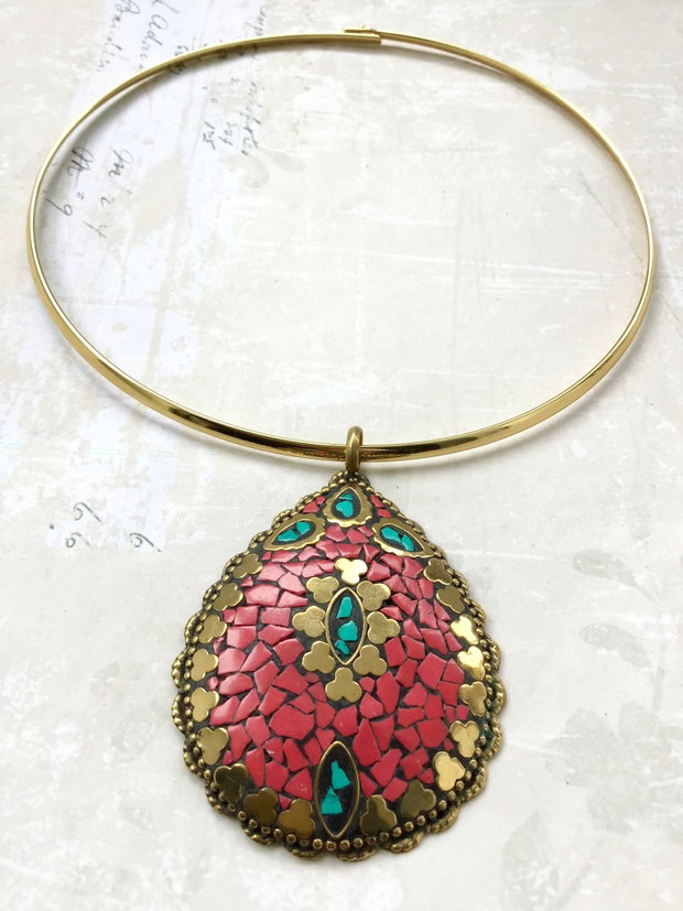 Set Nepalez coral rosu, turcoaz & alama gold