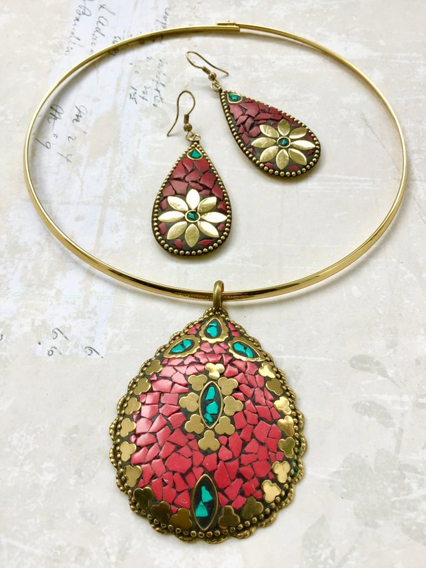 Set Nepalez coral rosu, turcoaz & alama gold