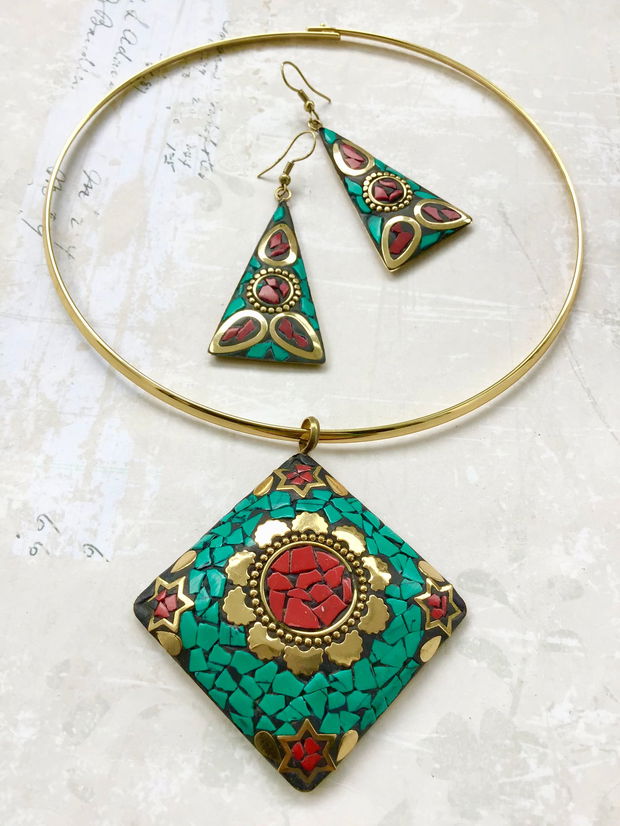 Set Nepalez coral rosu, turcoaz & alama gold