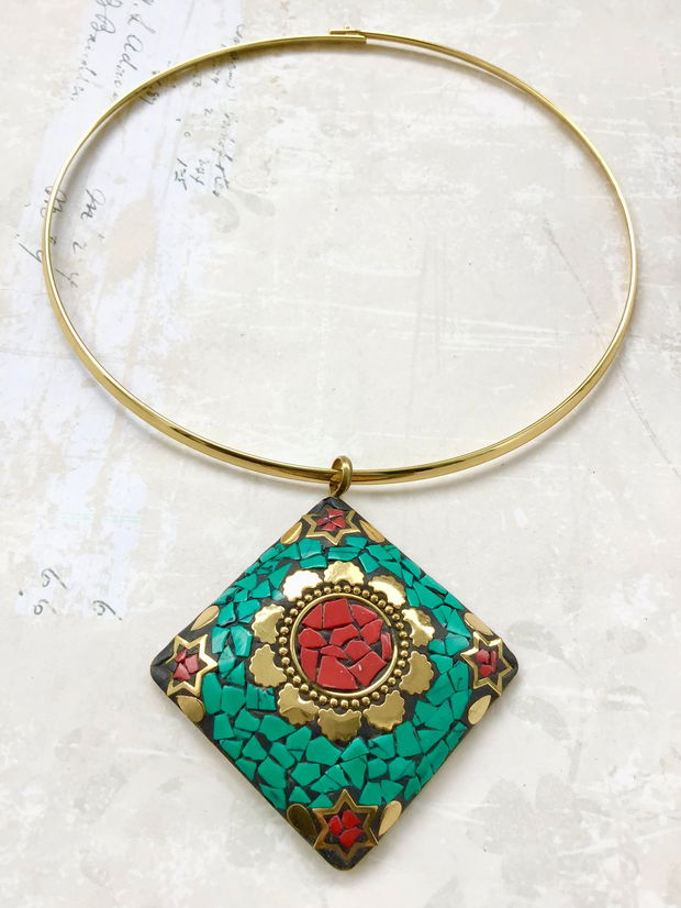 Set Nepalez coral rosu, turcoaz & alama gold