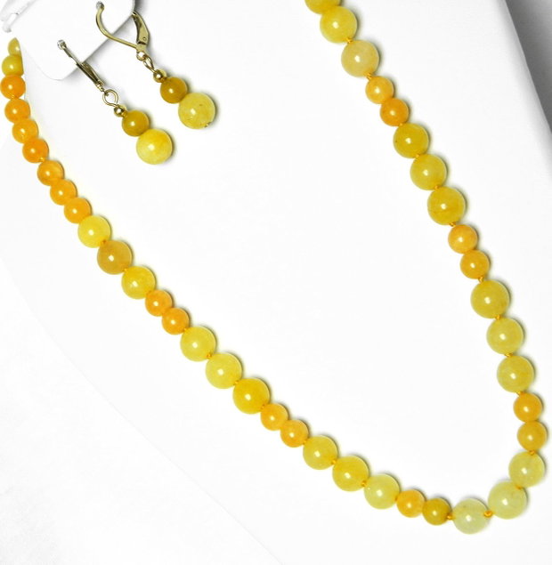 Set cu colier la baza gatului, cercei clasici din Jad galben, bijuterii handmade (129)