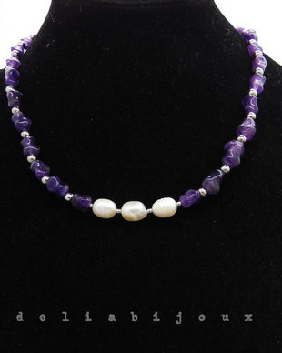 Colier handmade - ametist si perle cultura (cod1249)