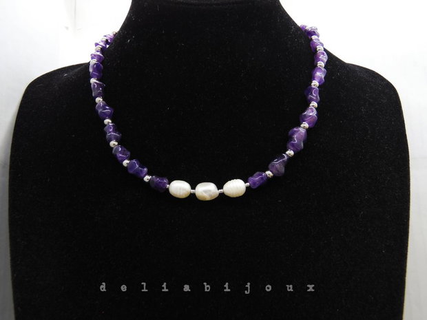 Colier handmade - ametist si perle cultura (cod1249)